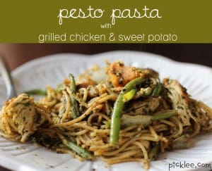 pesto pasta with grilled chicken and sweet potato