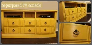 repurposed yellow cabinet tv console