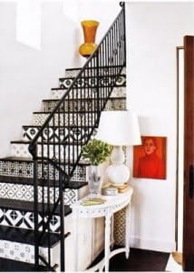 black and white stenciled stairs